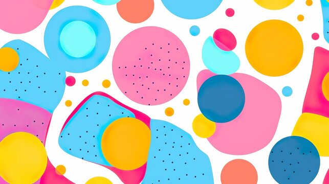 Energetic pattern of bright abstract shapes and dots on a white backdrop, emitting a sense of excitement and play