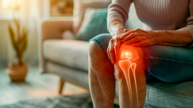 Warm indoor setting with a person holding a glowing knee, symbolizing knee pain or osteoarthritis, suggesting health concepts and senior care. Banner. Copy space