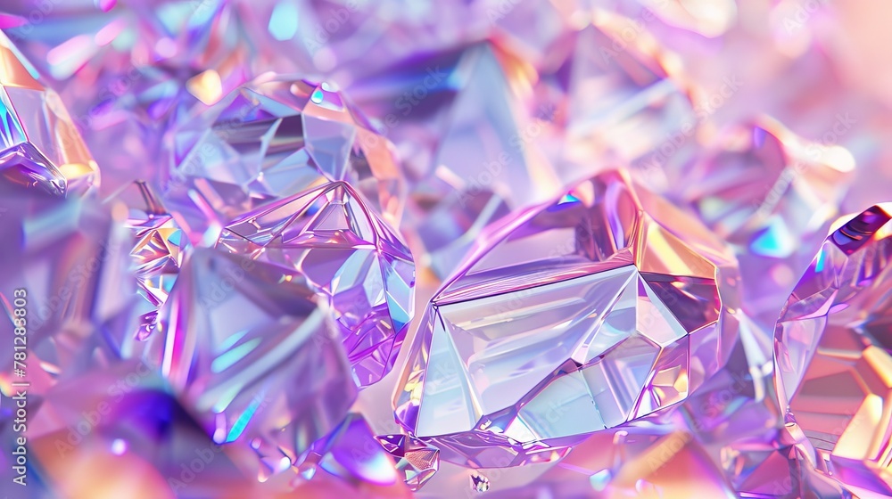 Poster The image is a 3d render with an abstract geometric crystal background, iridescent texture, and a gem that is faceted.