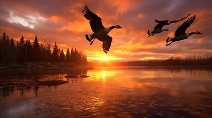 An enchanting scene of geese flying across a sunset painted sky reflecting on a tranquil lake's surface