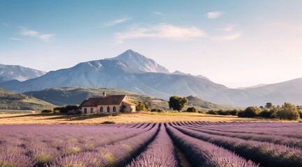 Beautiful landscape of blooming lavender field with mountains in the background.