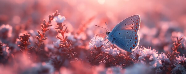 Beautiful blue butterfly on heather flowers in the field, lavender and pink pastel colors, created...