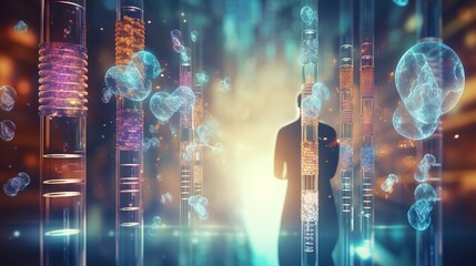 A 3D render of glowing DNA strands within laboratory test tubes, symbolizing cutting-edge biotechnology and genetic research