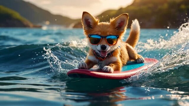 cute dog riding on a surfboard