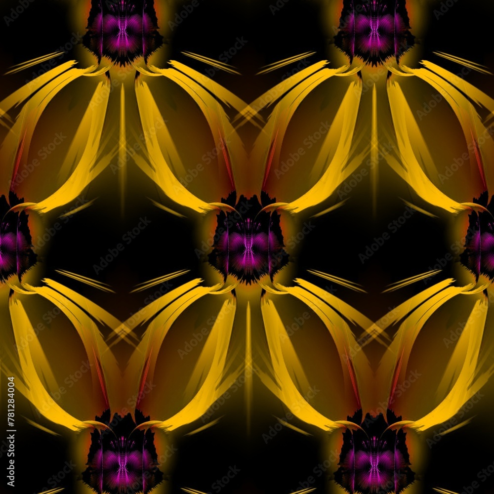 Poster repeating intricate square format pattern and design with purple and gold colours symmetrical on a d