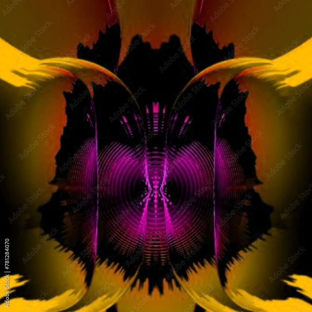 Poster i̇ntricate square format pattern and design with purple and gold colours symmetrical on a dark backgr