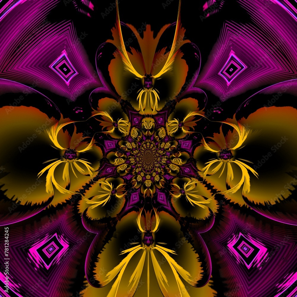 Poster i̇ntricate square format pattern and design with purple and gold colours symmetrical on a dark backgr