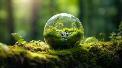 Obraz na płótnie Canvas A captivating image showing a delicate ecosystem within a transparent sphere, set against a lush forest backdrop