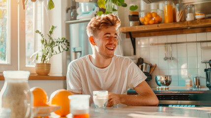 Young man in a kitchen with a sunny ambiance, smiling with healthy fruits, suggesting a positive start to the day. A light breakfast. Motivation for the whole day. Banner. Copy space