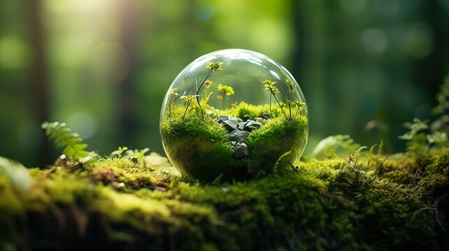 A captivating image showing a delicate ecosystem within a transparent sphere, set against a lush forest backdrop