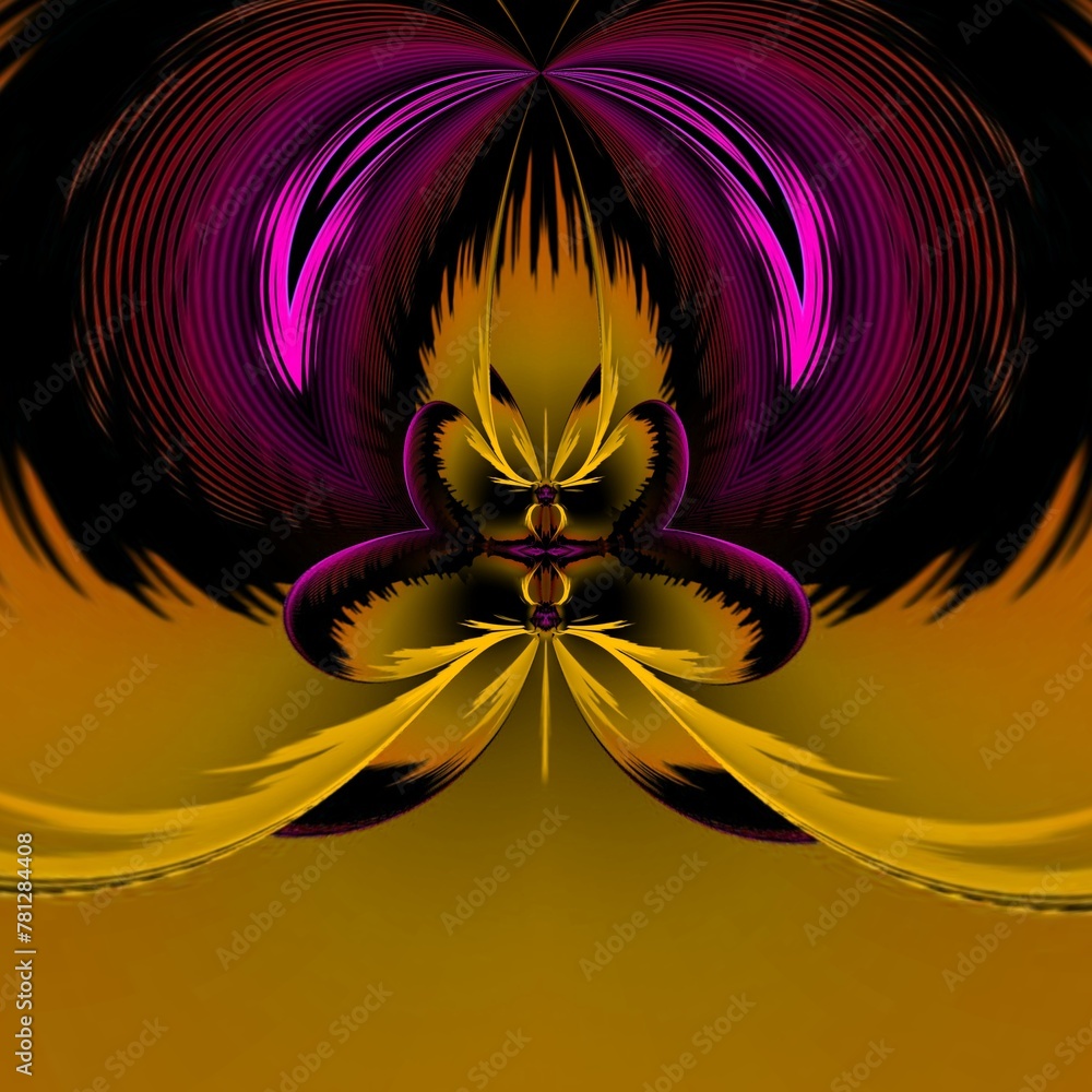 Poster i̇ntricate square format pattern and design with purple and gold colours symmetrical on a dark backgr