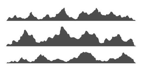 Set of black and white mountain silhouettes. Silhouettes of the mountains, highlands, rocky landscapes, hills on white background. Vector set of outdoor design elements. Vector illustration - obrazy, fototapety, plakaty