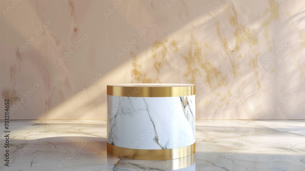 Poster the 3d rendered image shows an empty cylinder box with marble stone and gold texture. it is used as 