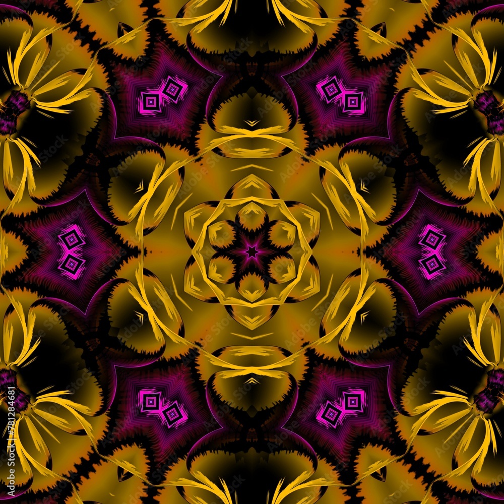Poster i̇ntricate square format pattern and design with purple and gold colours symmetrical on a dark backgr