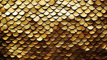 Close-up shot of a textured pattern resembling golden fish scales illuminated to highlight each...
