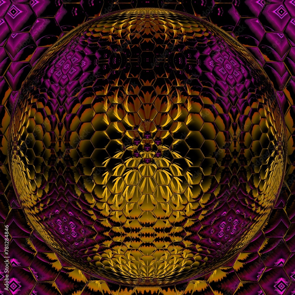Aufkleber i̇ntricate square format pattern and hexagonal tiled mosaic over a 3d sphere design with purple and g