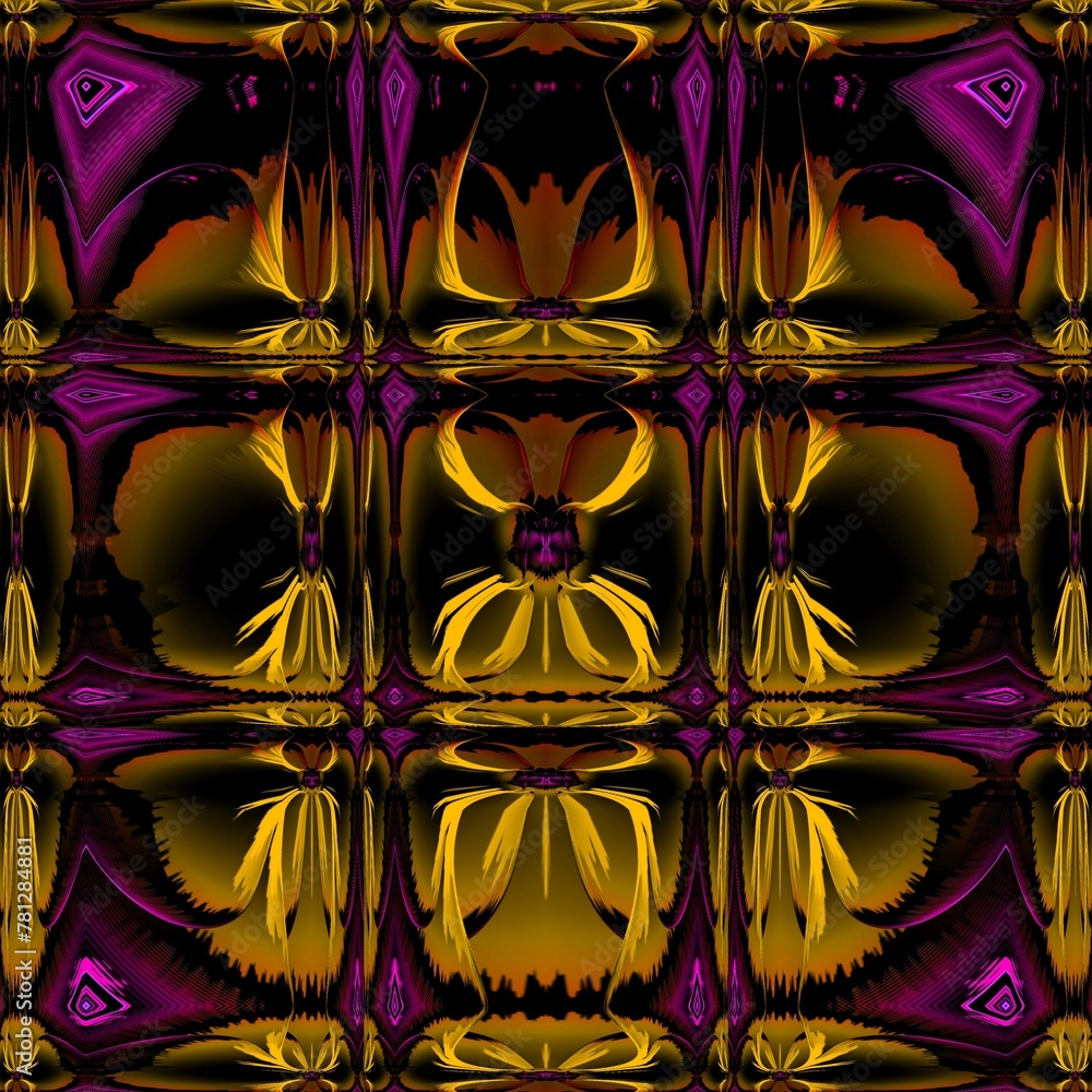 Poster i̇ntricate square format pattern and ice-cube style design with purple and gold colours symmetrical o