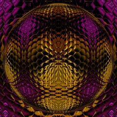 İntricate square format pattern and hexagonal tiled mosaic over a 3D sphere design with purple and gold colours