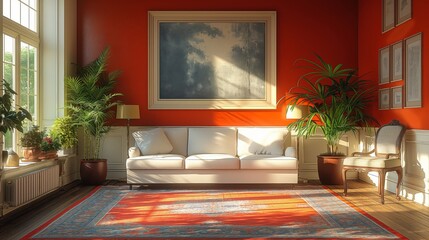 Fototapeta premium Modern creative living room interior design backdrop ideas concept house beautiful background elevation of sofa with decorative photo paint frame full wall background. Design concept.