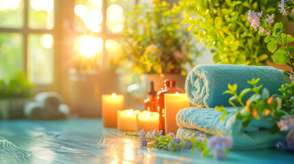 Serene spa setting glows with the soft light of candles, flanked by fresh towels and aromatic oils, inviting a tranquil respite from the day's hustle. Concept of relaxing, wellbeing and healthy life