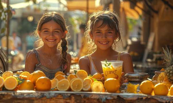 Children selling lemonade outdoor in a lemonade stand