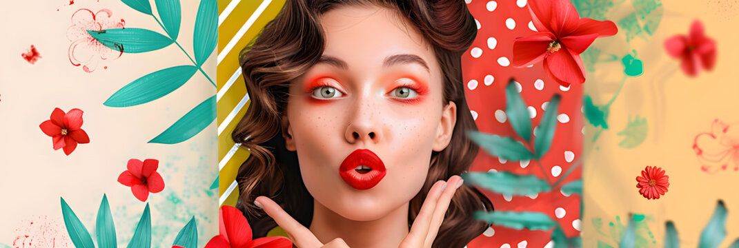 Collage 3d photo magazine of lovely cute pretty girl pouted lips v-sign spring march holiday party isolated on creative drawing background
