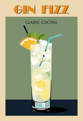 Gin Fizz Cocktail retro poster. Popular alcohol drink. Vintage flat vector illustration for bar cart, pub, restaurant, kitchen wall art print.