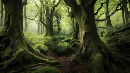 Fotobehang A mystical, green forest with moss-covered trees and rocks, illuminated by soft, diffused light creating a serene atmosphere © larrui