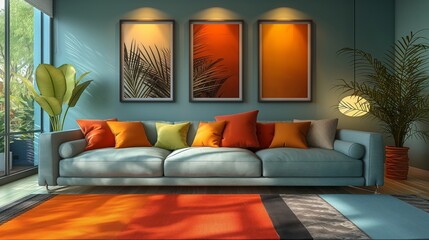 Modern creative living room interior design backdrop ideas concept house beautiful background elevation of sofa with decorative photo paint frame full wall background. Design concept.