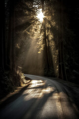 a serene forest road with sunbeams piercing through trees, creating a mystical and tranquil atmosphere.