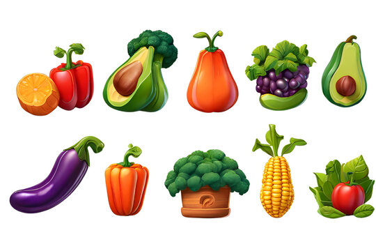 Vegetables and fruits 3d vector cartoon icon set. Pepper, corn, avocado, eggplant, broccoli, carrots, lettuce, tomato