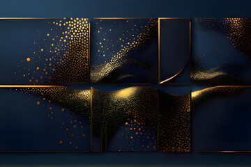 Set of glowing golden dots glitter overlapping on dark blue background.