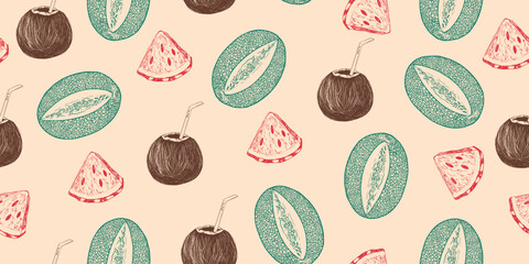 Seamless pattern with cocktail in coconut, melon, watermelon. Sketch style tropical background with fruits. Summer pattern