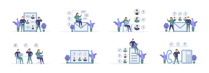 Online assistant, virtual help service. Call center with people characters in various scenes. Personal assistant and hotline operator communication. Concept customer service, assistance. Vector.