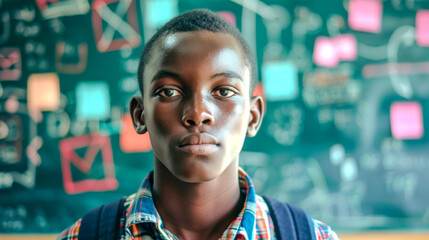 A thoughtful young student stands in front of a blackboard filled with complex mathematics, exuding a sense of focus and intelligence. Banner. Copy space