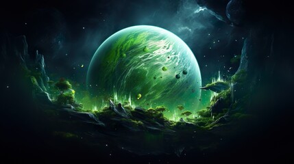An awe-inspiring digital art piece depicting a lush green planet amidst the vastness of space with intricate details