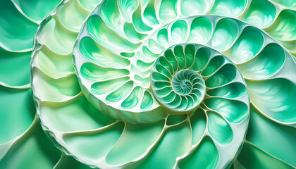 maritim abstrakte Vorlage Hintergrund, geschwungen dynamisch natürlich in grün Perlmutt glänzend, Spirale wie fossile Ammonite Nautilus Muschel Schnecke, bewegt kurvig wellig schneckenförmig Meer - obrazy, fototapety, plakaty