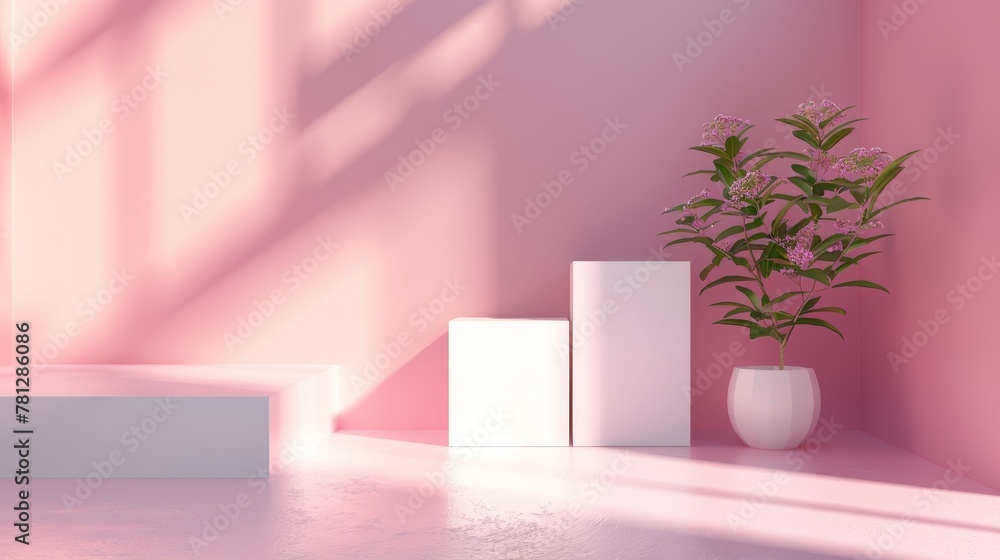 Poster display backdrop with empty white cube box stairs. luxury scene with pink background.