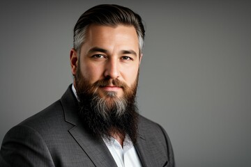 Portrait of a charismatic man with a beard in a business suit on a gray background