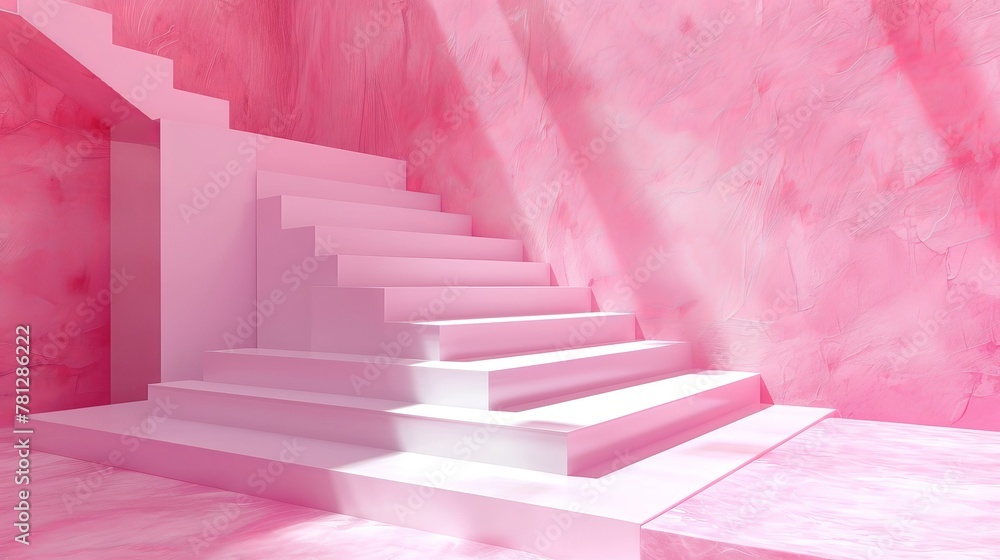 Poster 3d render pink backdrop with empty white cube box stairs. luxury scene.