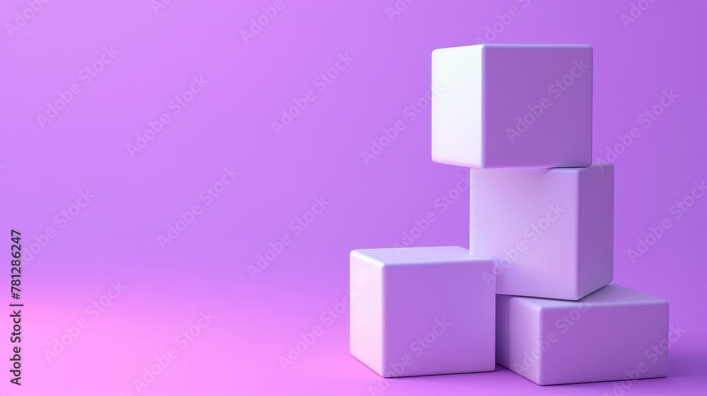 Aufkleber a purple background is accompanied by a white 3d cube box. three-dimensional rendering.