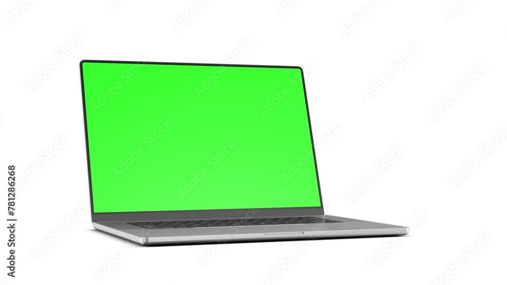 Wall mural laptop with a frameless screen - smooth transition, rotate, and zoom. the video includes a green scr