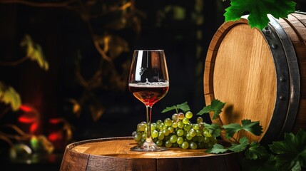 Wine bottles and wine glasses are placed next to the casks for aging wine, drink concept dasign. A wine glass is placed next to a wooden barrel