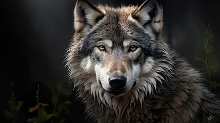 Dramatic portrait of a wolf bringing out depth and texture against a dark, muted background