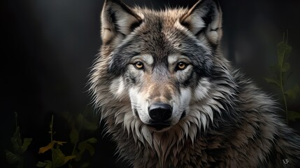 Fototapeta premium Dramatic portrait of a wolf bringing out depth and texture against a dark, muted background