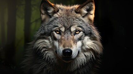 Obraz premium A wolf with a penetrating stare stands against a stark black background offering strong contrast