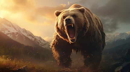 This image depicts an imposing roaring bear with sharp teeth, set against a dramatic mountainous...