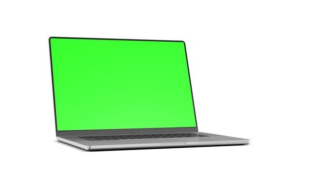 Laptop with a frameless screen - smooth transition, rotate, and zoom. The video includes a green screen, a luma matte mask, and a screen tracking layer. 60fps 4K UHD video.