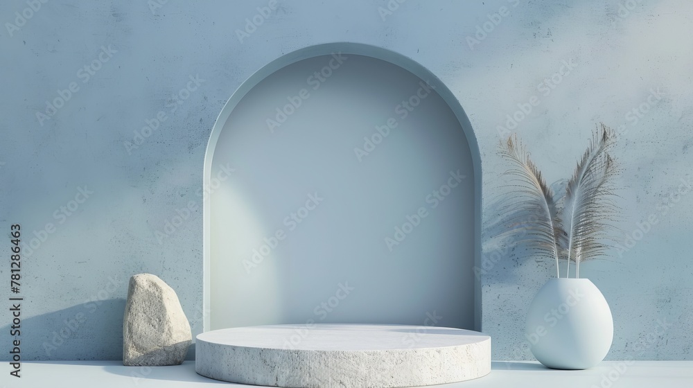 Poster 3d render of a geometric scene with an arch and podium.