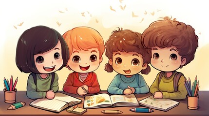 Group of cartoon children with obscured faces drawing in a book together, surrounded by pencils and crayons in a homely atmosphere
